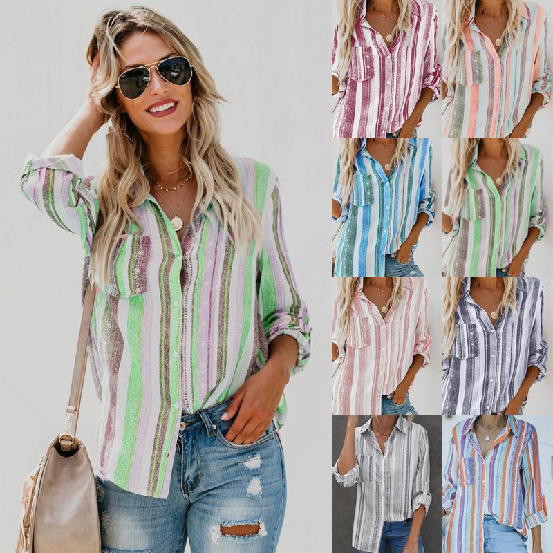Autumn Striped Collared Long Sleeve Cardigan Single-Breasted Shirt Women - Image 5