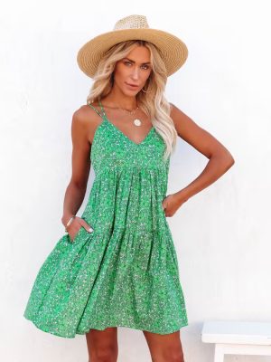 Summer New Floral Criss Cross V-neck Brace Babydoll Dress for Women