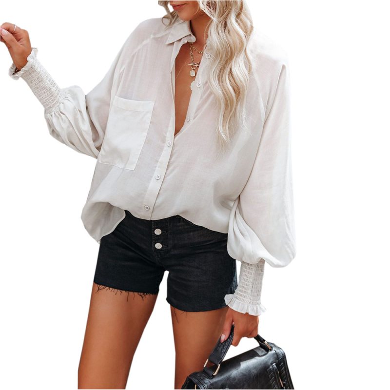 Spring New Button Loose Lantern Sleeve Long Sleeve Shirt Women Clothing - Image 5