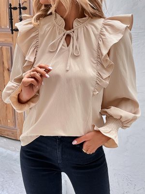 Women Clothing Spring Ruffled Long Sleeve Solid Color Shirt Women