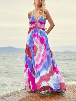 Spring Summer Tie Dye Gradient Slanted Stripe Horizontal Pattern Printing Slip Dress