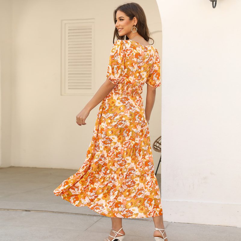 Spring Summer V Neck Short Sleeve Yellow Waist Slimming Printed Maxi Dress - Image 2