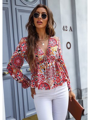 Fresh Printing V-neck Long Sleeve Babydoll Top