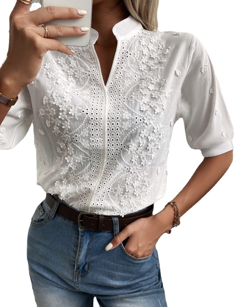 Summer Women V-neck Stand Collar Eyelet Embroidery Lace Top Shirt - Image 4