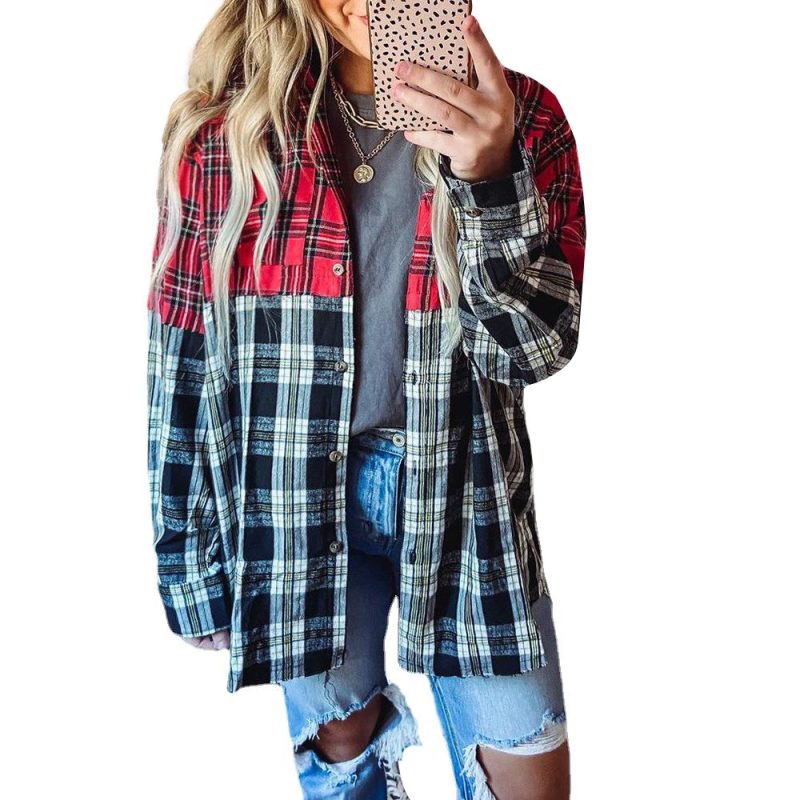 Autumn Winter Plaid Casual Shirt Stitching Printing Long Sleeve Cardigan  Women - Image 4