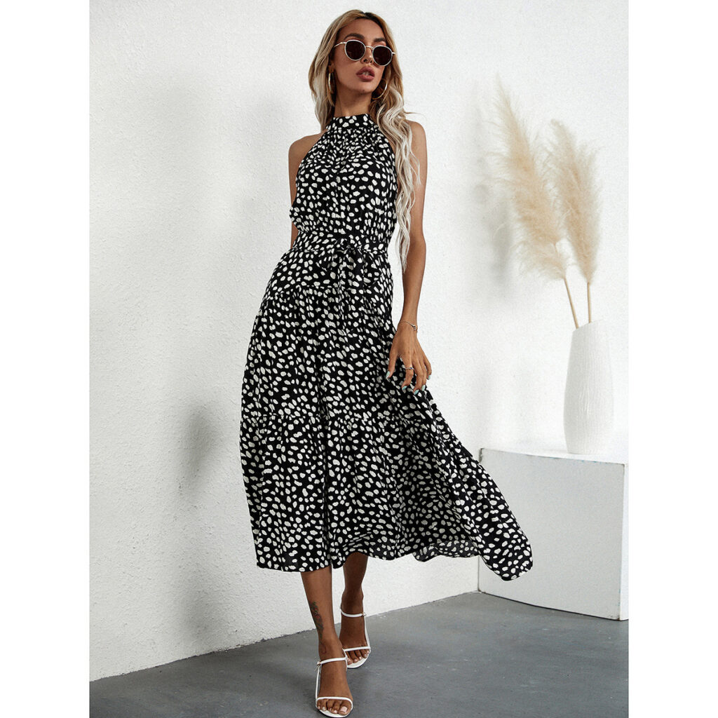 Rayon Printed Halter Bandage Dress Women Clothing