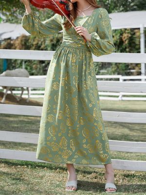 French Bronzing Dress Seaside Holiday Tea Break Waist Controlled Long Sleeves Spring Autumn Travel Dress