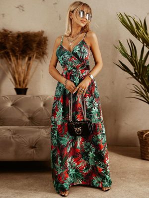 Women Clothing Summer Sexy Slim Fit V-neck Strap Floral  Bohemian Beach Dress