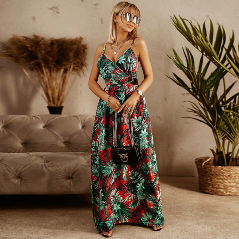 Women Clothing Summer Sexy Slim Fit V-neck Strap Floral  Bohemian Beach Dress