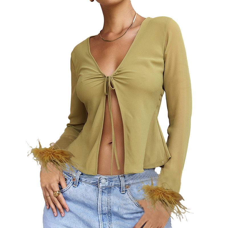 Women Long Sleeved Cardigan Spring Summer Sexy Self Tie Chiffon Shirt Furry Sleeves Sun Protection Shirt - Image 4