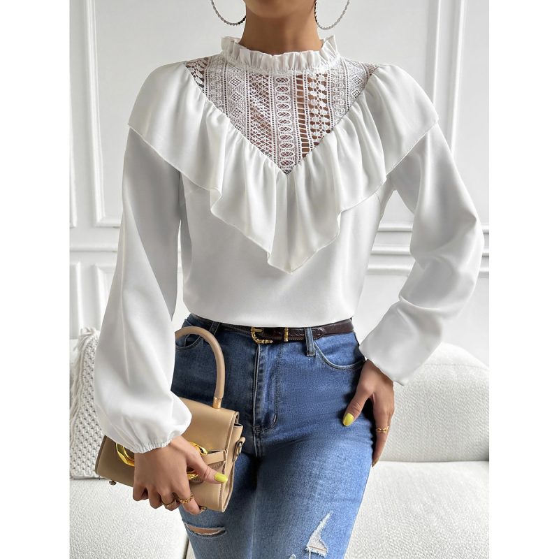 Spring Summer Lace Stitching Lotus Leaf Collar Solid Color Elegant Long Sleeve Top - Image 2