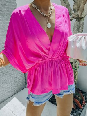 Spring Summer Rayon V-neck Elastic Waist Casual Short Sleeve Shirt