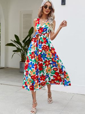 Summer Holiday V Neck Corset Large Floral Beach Dress