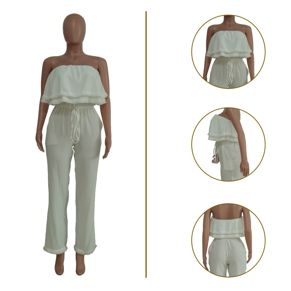 Women Clothing Solid Color Sleeveless Casual Wrapped Chest Ruffled Jumpsuit - Image 2