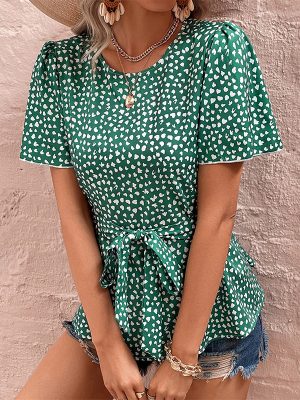 Summer Green Round Neck Polka Dot Cinched Women Top