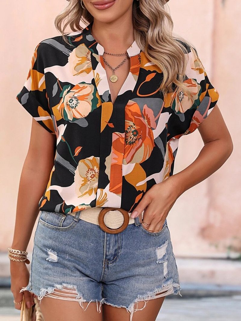 Women Clothing Summer Painted Color Printing V neck Short Sleeve Women Top - Image 3