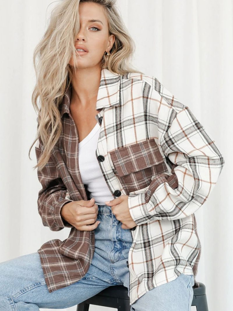 Brown Mixed Plaid Soft Large Profile Shirt Women Loose Shirt - Image 3