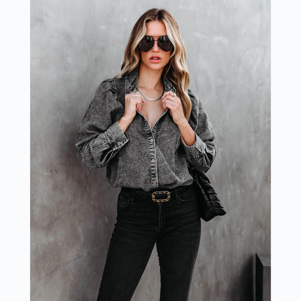 Autumn Winter Collared Casual Street Denim Shirt Women - Image 3