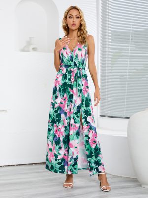 Bohemian Printed Dress Summer Women  Sleeveless V neck Slit Dress