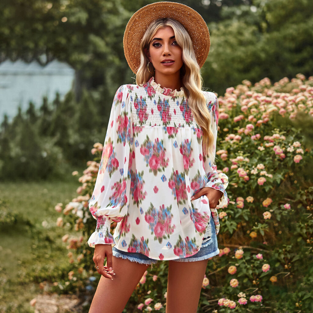 Floral Print Top Spring Summer Elegant Double Layer Women Clothing - Image 2
