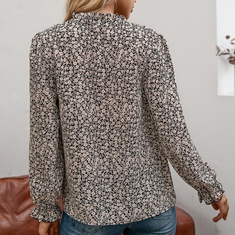 Autumn Loose Casual Print Fungus V-neck Shirt Small Floral Lotus Leaf Long Sleeve Shirt Top Female - Image 2