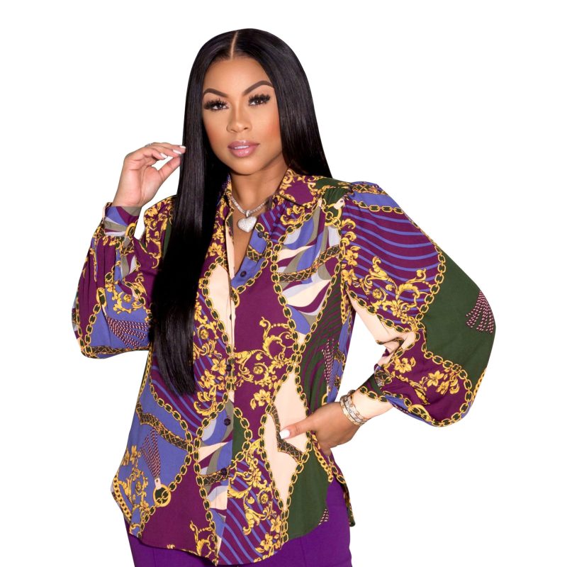 Women Clothing Autumn Office Office Shirt Printed Lantern Sleeve Long Sleeve Top for Women - Image 4