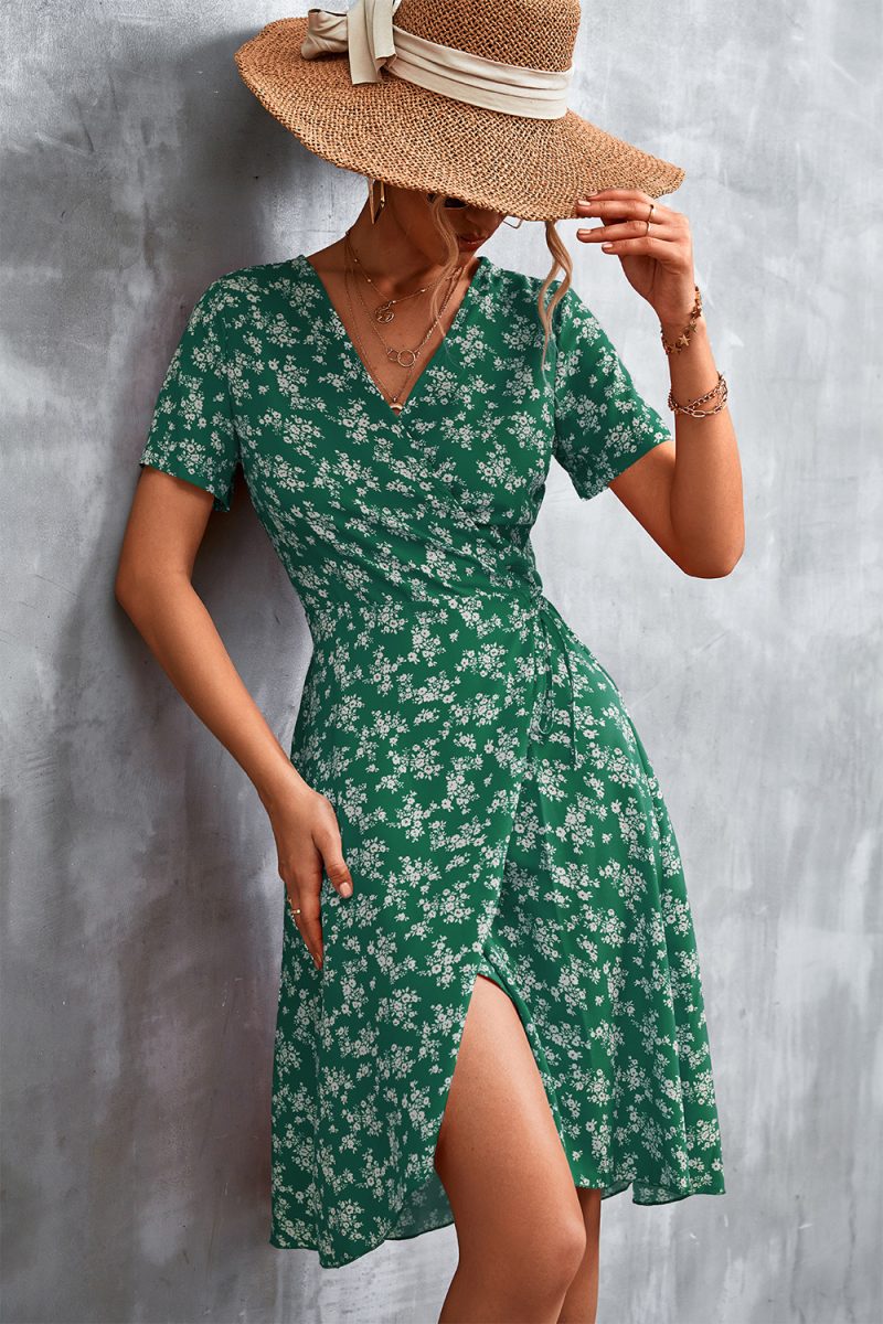 Spring Summer Criss Cross V-neck Lace-up Floral Split Dress for Women - Image 3