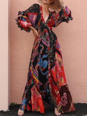 Women Clothing Printed Bohemian Casual V-neck Long-Sleeve Dress Patchwork Macthing