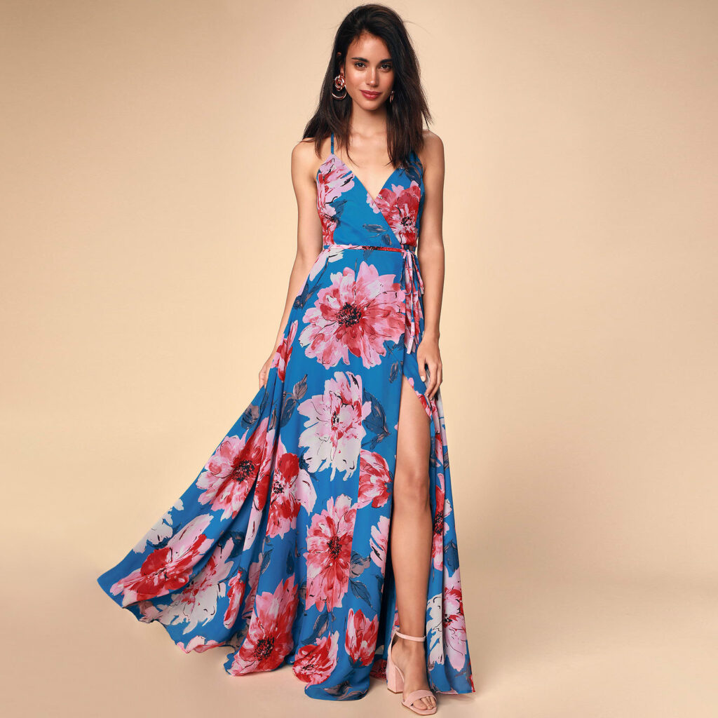 Floral Print Women Sexy V-neck Strap Backless Elegant Dress Advanced Split Dress Summer