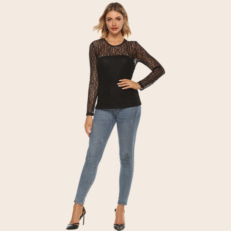 Spring Summer Women Round-Neck Sexy Hollow Out Cutout out Lace Stitching Long Sleeve Casual Bottoming Shirt - Image 2