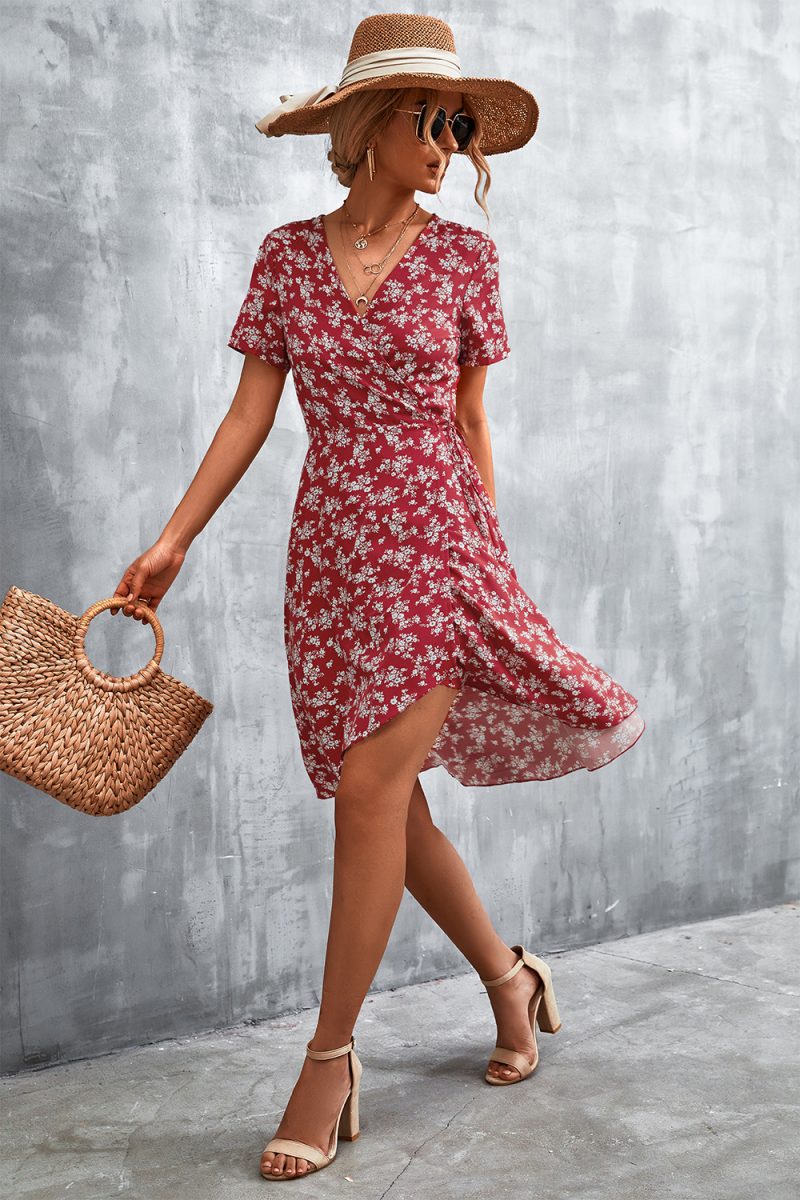 Spring Summer Criss Cross V-neck Lace-up Floral Split Dress for Women - Image 2