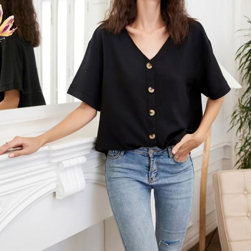 Spring Summer Women Clothing Solid Color Casual Loose V Neck Short Sleeve Shirt - Image 4