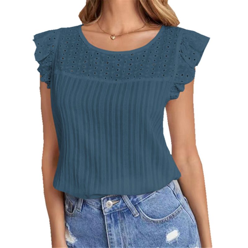 Summer Summer Women Clothing Hollow Out Cutout out Stitching Sleeveless Ruffled Eyelet Embroidery T-shirt Women - Image 4