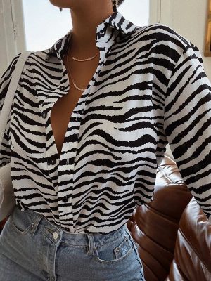 Women Clothing Shirt Wave Print Single-Breasted Long Sleeve Shirt Striped Printing Collared Cardigan