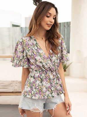 Summer V neck Ruffle Small Floral Tight Waist Shirt