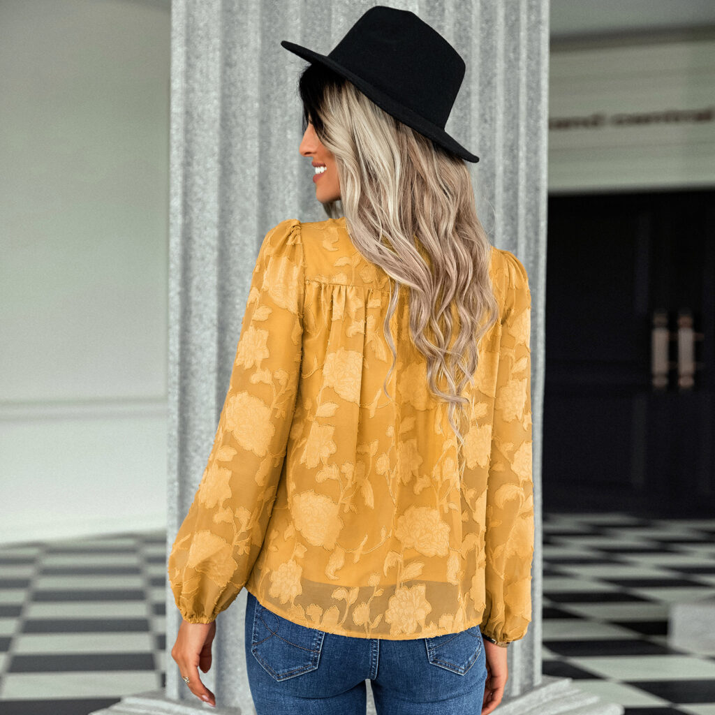 Autumn Winter Jacquard round Neck Top Women Women Clothing Loose Chiffon Shirt - Image 2