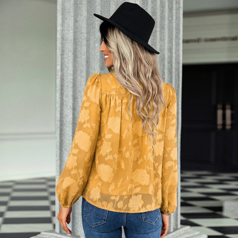 Autumn Winter Jacquard round Neck Top Women Women Clothing Loose Chiffon Shirt - Image 2
