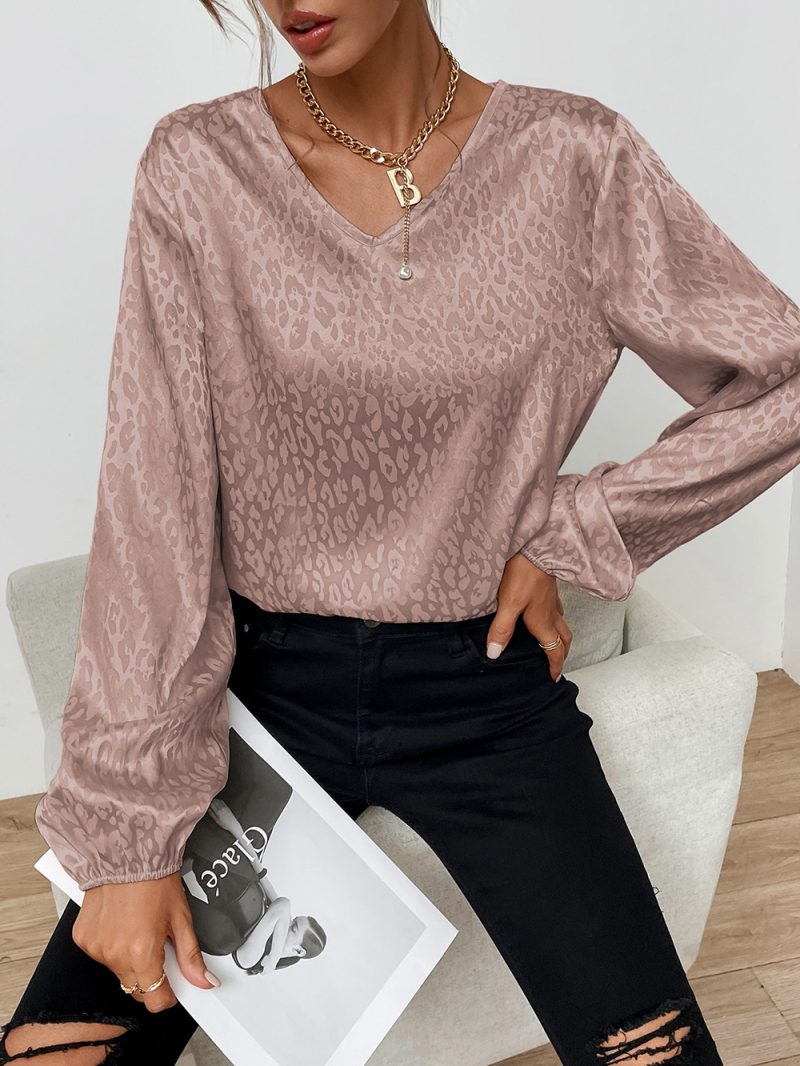 Spring V-neck Pullover Leopard-Print Shirt Women Artificial Silk Jacquard Long-Sleeved Shirt - Image 2