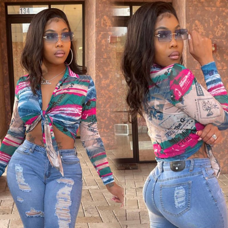 Summer Women Clothing Digital Printed Cardigan Bow Long Sleeve Shirt for Women - Image 2