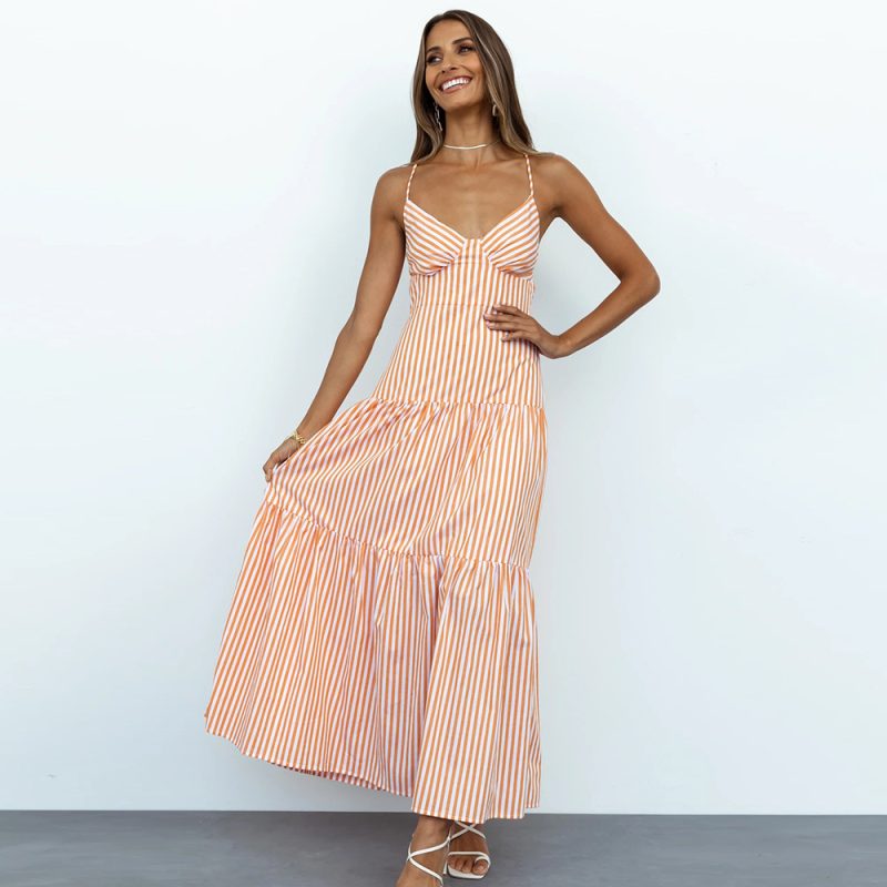 New Women Clothes Striped Halter Lace-up Lotus Leaf Stitching Dress Fashion