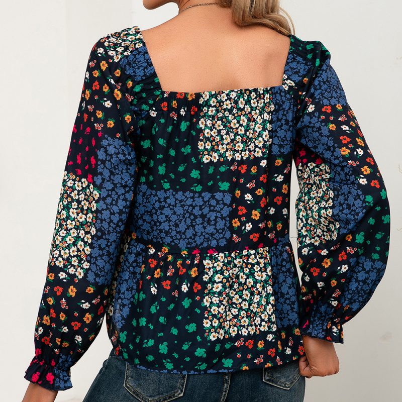 Square Collar Ruffle Sleeve Printed Shirt Floral Long Sleeved Casual Shirt Top Women - Image 3
