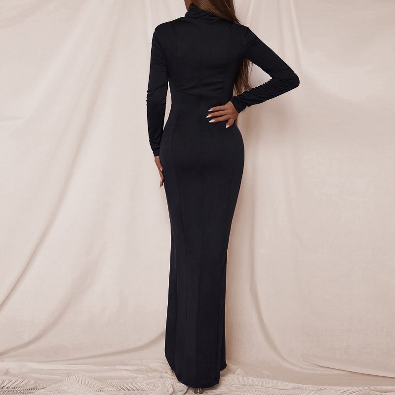 Sexy Split Long Sleeve Hollow Out Cutout Dress Turtleneck Autumn Winter Women Wear Maxi Dress - Image 5