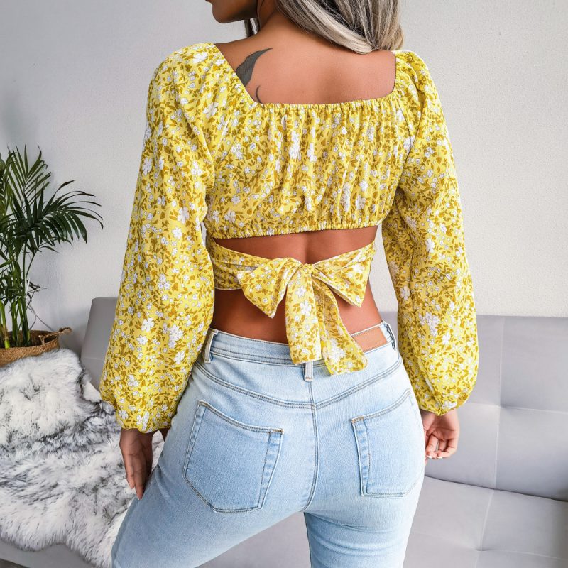 Lantern Sleeve Bow Floral Chiffon Shirt Vacation Cropped Top Women Clothing - Image 2