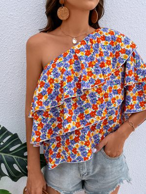 Summer Floral Oblique Shoulder Ruffles Cute Top for Women