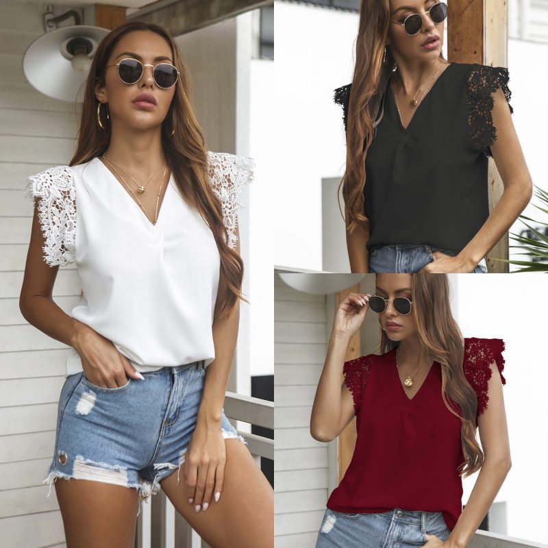 Summer V-neck Lace Sleeve Solid Color Short Sleeve Chiffon Shirt for Women - Image 5