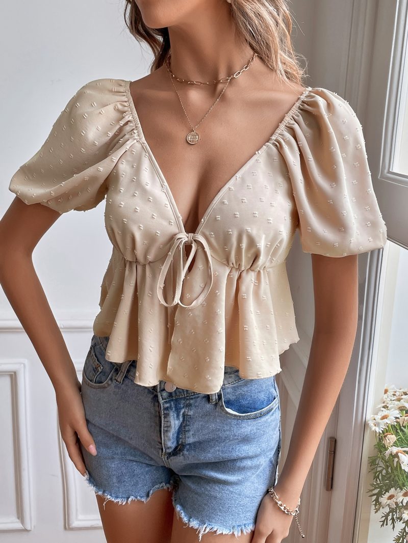 Women  Clothing Exclusive V neck Top Backless Short Sleeve Tied Shirt - Image 3