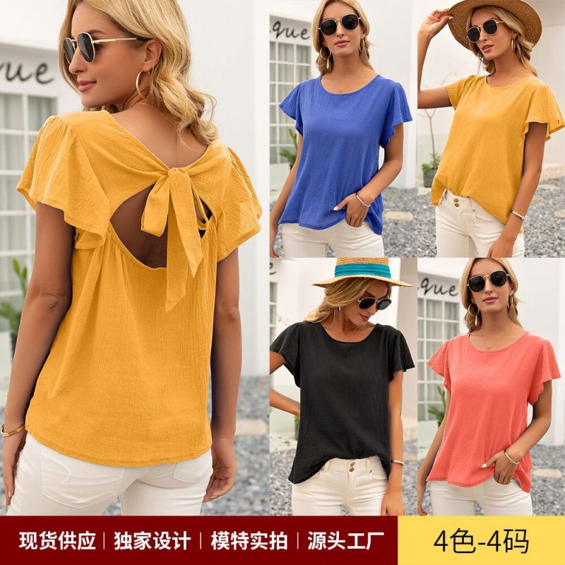 Summer Women Clothing Lotus Leaf Sleeve Hollow Out Cutout Bow Backless Top Women - Image 3