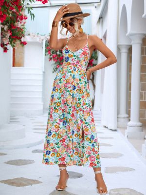 Spring Summer Women Clothing Backless Slit Strap Dress