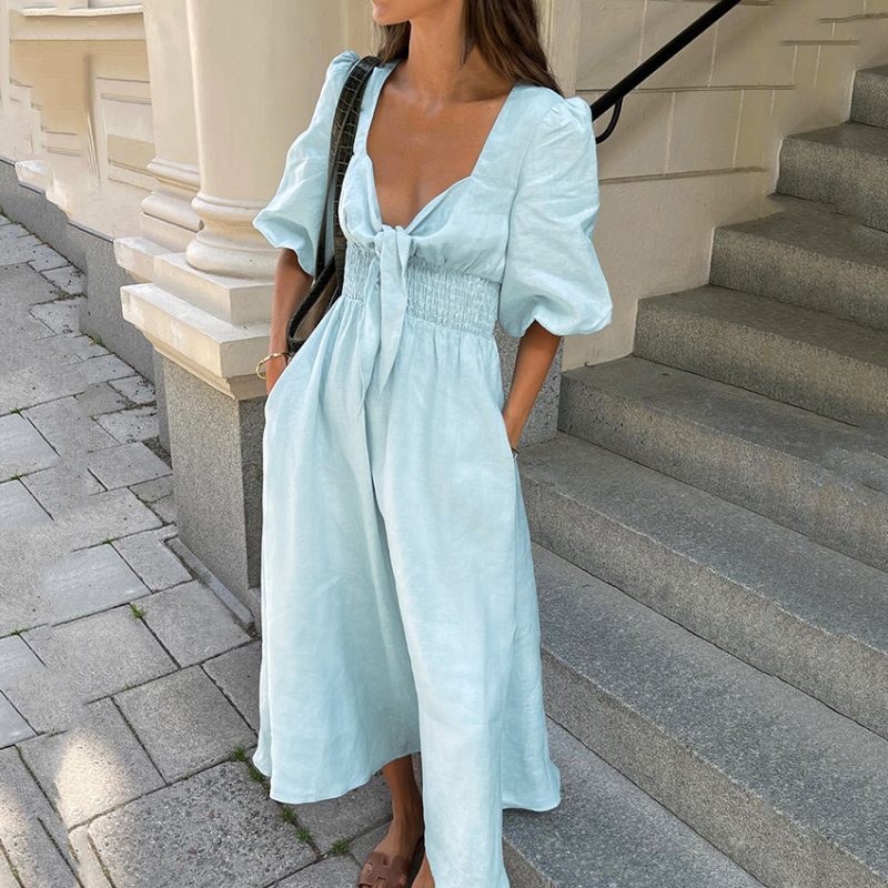 Summer French Elegant Dress Sexy Low Cut V neck Puff Sleeve High Waist Cotton Linen Dress