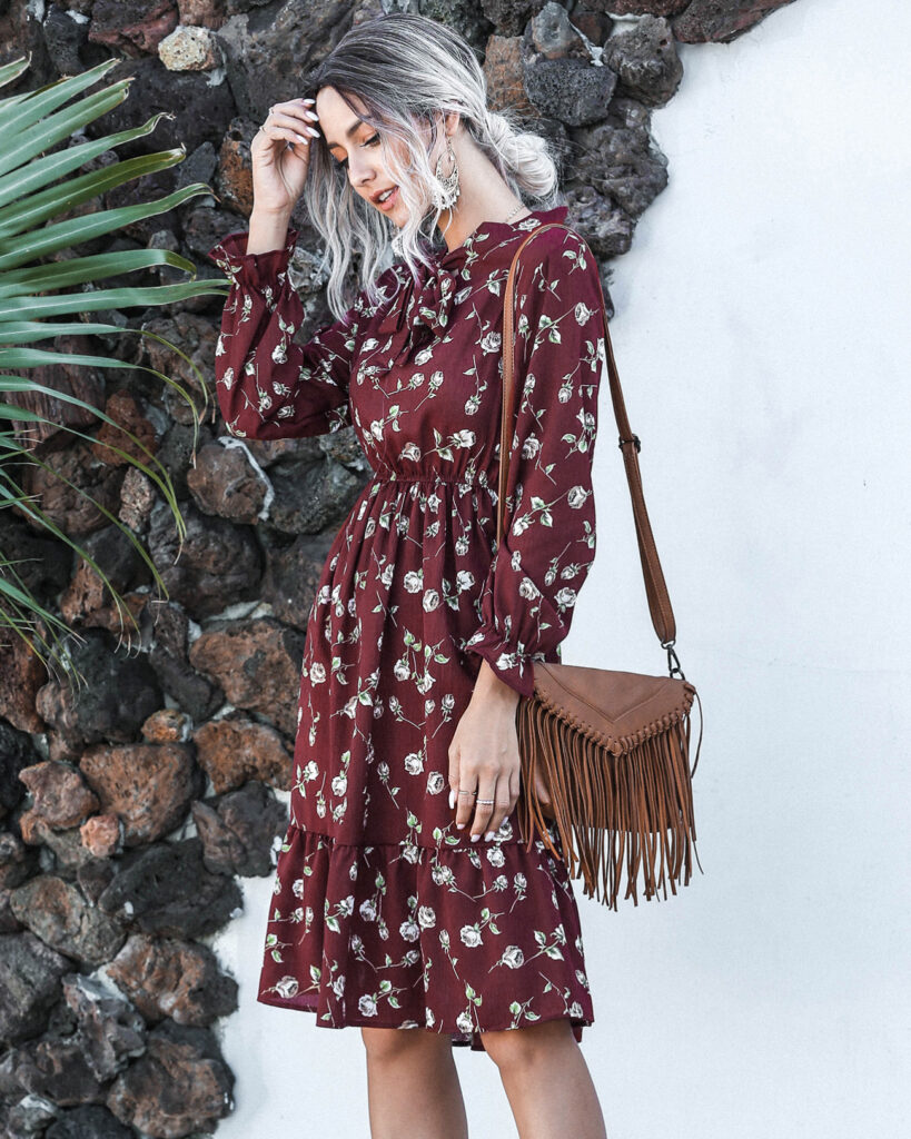 Women Clothing Autumn Bow Collar Bell Sleeve Floral Dress - Image 2